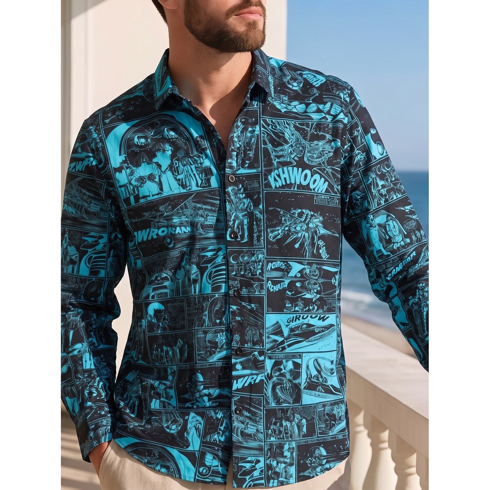 Jared Lang After Hours Slim Fit Button Up Shirt Medium Comic Book Blue NWT